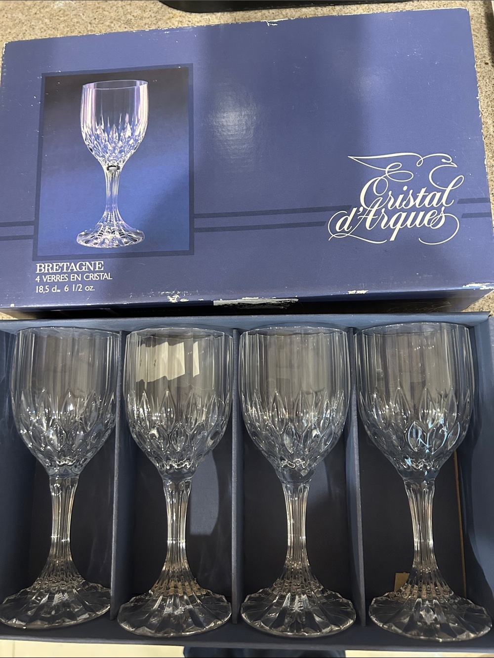 Cristal d'Arques Bretagne Crystal Wine Glass Goblet 6.5 oz ea set of 4
